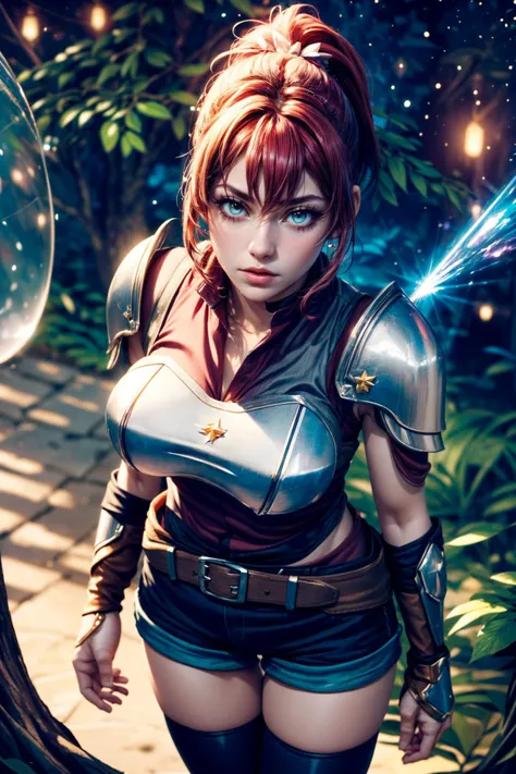 (ultra realistic,32k, masterpiece:1.2),(high detailed skin:1.1),( high quality:1.1),
<lora:dmalise-nvwls-v1:0.8>alise,scared,(mascara, long lashes:1.1), ponytail, armor, shoulder armor, sleeveless shirt, black shorts, belt, clothes around waist, black thighhighs, gauntlets, starwhisper grove, celestial whispers, guiding starlight, sacred grove of cosmic wisdom, blurry background,,(looking at viewer, standing from above:1.1),, huge breast,large breast,<lora:add_detail:0.94>,
(refraction:1.1),