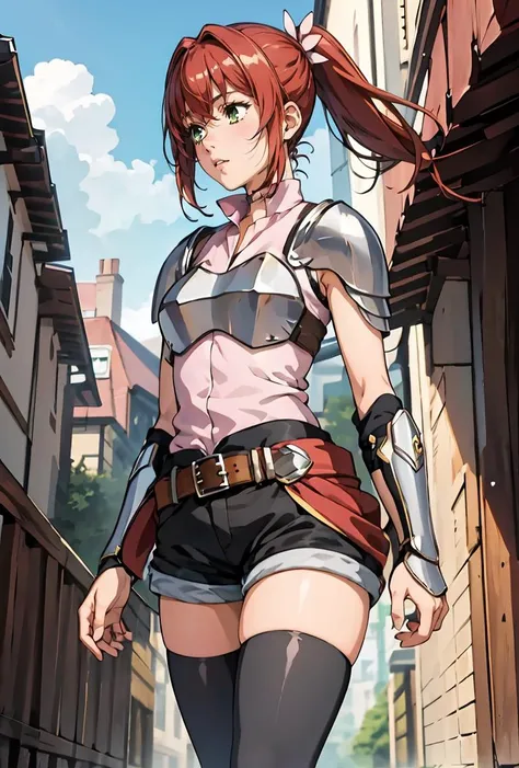 (masterpiece, best quality), 1girl, <lora:dmalise-nvwls-v1:0.8> alise, ponytail, armor, shoulder armor, sleeveless shirt, black shorts, belt, clothes around waist, black thighhighs, gauntlets