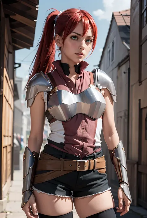(masterpiece, best quality), 1girl, <lora:dmalise-nvwls-v1:0.8> alise, ponytail, armor, shoulder armor, sleeveless shirt, black shorts, belt, clothes around waist, black thighhighs, gauntlets