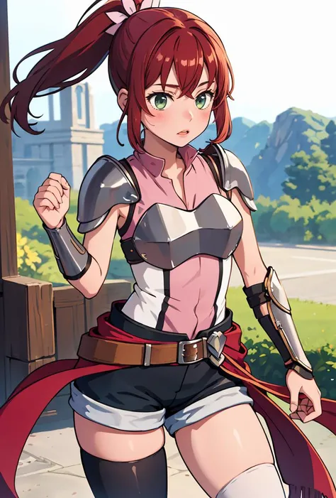 (masterpiece, best quality), 1girl, <lora:dmalise-nvwls-v1:0.8> alise, ponytail, armor, shoulder armor, sleeveless shirt, black shorts, belt, clothes around waist, black thighhighs, gauntlets