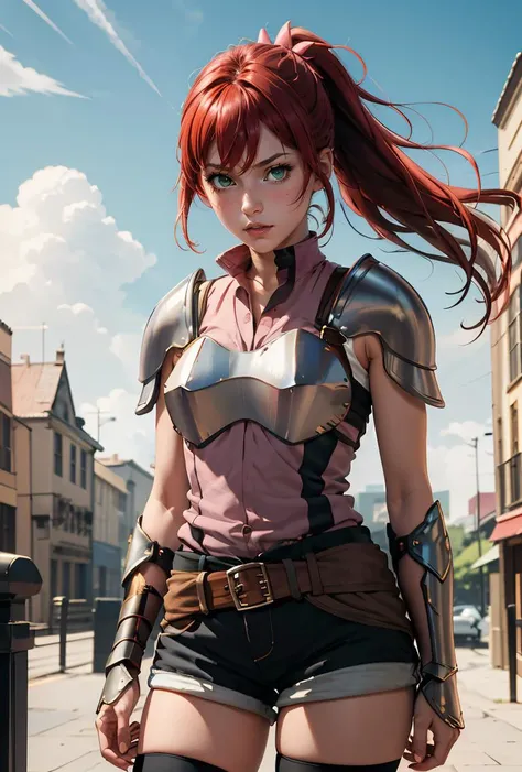(masterpiece, best quality), 1girl, <lora:dmalise-nvwls-v1:0.8> alise, ponytail, armor, shoulder armor, sleeveless shirt, black shorts, belt, clothes around waist, black thighhighs, gauntlets