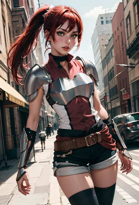 (masterpiece, best quality), 1girl, <lora:dmalise-nvwls-v1:0.8> alise, ponytail, armor, shoulder armor, sleeveless shirt, black shorts, belt, clothes around waist, black thighhighs, gauntlets