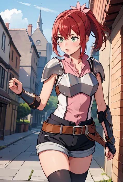 (masterpiece, best quality), 1girl,  <lora:dmalise-nvwls-v1:0.8> alise, ponytail, armor, shoulder armor, sleeveless shirt, black shorts, belt, clothes around waist, black thighhighs, gauntlets