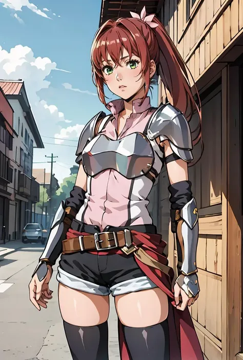 (masterpiece, best quality), 1girl,  <lora:dmalise-nvwls-v1:0.8> alise, ponytail, armor, shoulder armor, sleeveless shirt, black shorts, belt, clothes around waist, black thighhighs, gauntlets