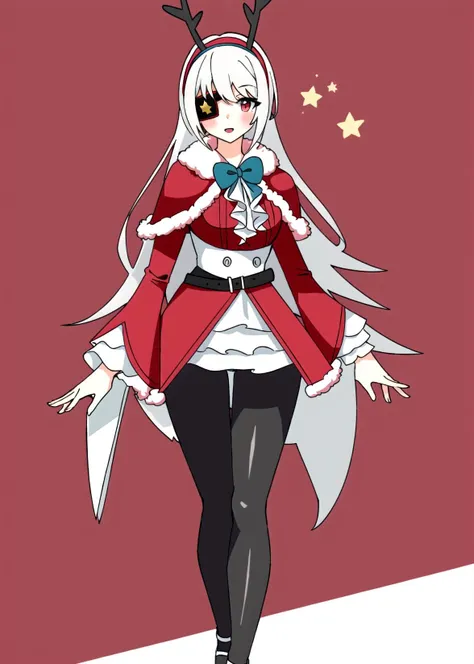 1girl, solo, christmas, long hair, eyepatch, fur trim, red eyes, santa costume, antlers, capelet, bow, hairband, looking at viewer, white hair, simple background, red capelet, pantyhose, belt, grey hair, smile, black pantyhose, fur-trimmed capelet, fake antlers, christmas_background, dress, long sleeves, bangs, skirt, blush, bowtie, closed mouth, upper body, star (symbol), open mouth, frills, reindeer antlers, breasts, standing, cape, red dress, medium breasts, pink background, , ,, high heels, red skirt, long_hair,spread_legs,pussy,panties,<lora:reinaFortnite-09:0.7>