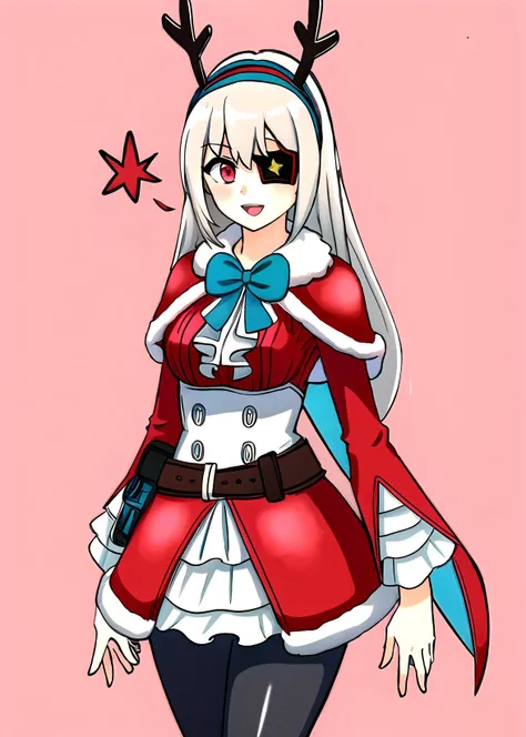 1girl, solo, christmas, long hair, eyepatch, fur trim, red eyes, santa costume, antlers, capelet, bow, hairband, looking at viewer, white hair, simple background, red capelet, pantyhose, belt, grey hair, smile, black pantyhose, fur-trimmed capelet, fake antlers, white background, dress, long sleeves, bangs, skirt, blush, bowtie, closed mouth, upper body, star (symbol), open mouth, frills, reindeer antlers, breasts, standing, cape, red dress, medium breasts, pink background, , hand on hip, sitting, high heels, red skirt, long_hair,<lora:reinaFortnite-09:0.6> <lora:kairunoborugu_v1:0.9> <lora:Kairunoburogu:0.2>