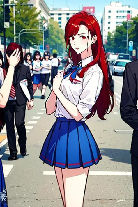 masterpiece, high quality, <lora:Lerajie:1>, Lerajie, 1girl, solo, solo focus, long hair, red hair, red eyes, blue skirt, cheerleader, garu