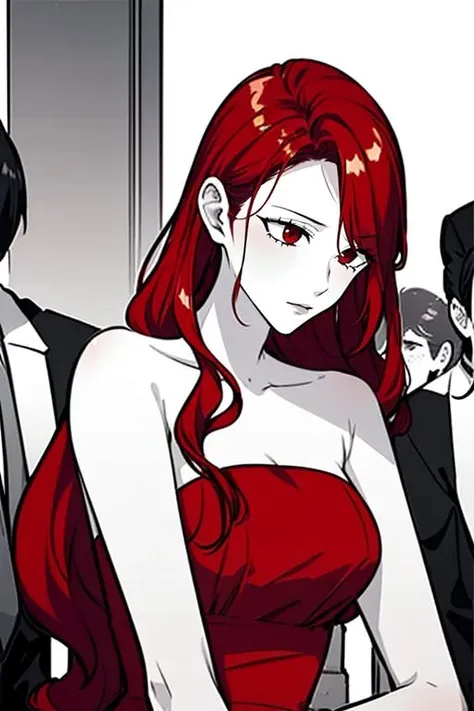 masterpiece, high quality, <lora:Lerajie:0.9>, Lerajie, 1girl, solo, solo focus, upper body, long hair, red hair, red eyes, dress, red dress, bare shoulders, monochrome, greyscale,