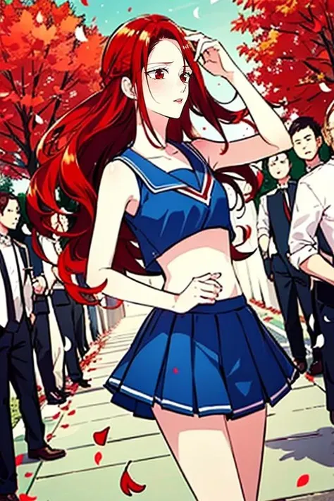 masterpiece, high quality, <lora:Lerajie:1>, Lerajie, 1girl, solo, solo focus, long hair, red hair, red eyes, blue skirt, cheerleader, garu, autumn, falling petals, falling leaves,