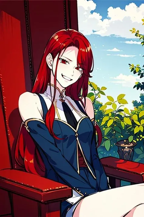 masterpiece, high quality, <lora:Lerajie:1>, Lerajie, 1girl, solo, solo focus, long hair, red hair, red eyes, throne, sitting, evil smile, evil grin, crazy smile, crazy eyes,