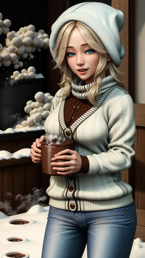 <lora:dik-maya:0.8> dik-maya, blue eyes, blonde hair, light smile, cardigan, woollen cap, long jeans,   BREAK,
((( hot chocolate, steaming holding cup, ))), BREAK,
snowing, outdoors,, masterpiece, best quality, hyperrealistic, extremely detailed, highly quality, 4k, sharp focus, professional photograph, sharp focus, award winning, cinematic lighting, octane render, unreal engine, volumetrics dtx, Wallpaper,