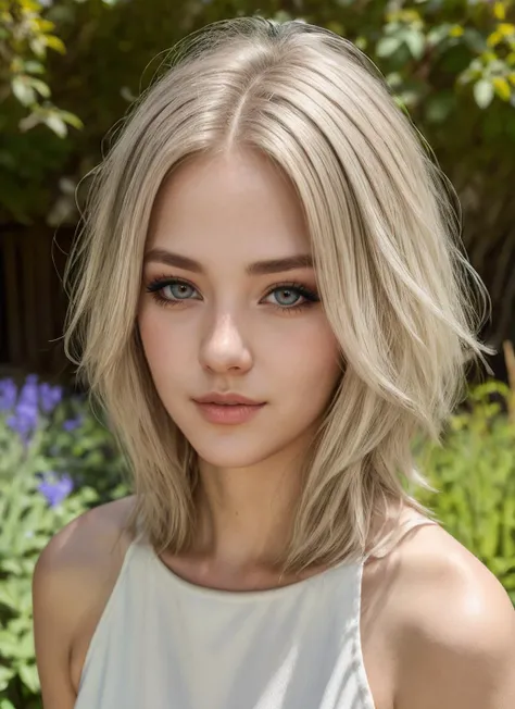 RAW Photo, DSLR, professional color graded, BREAK upper body photograph of dik-maya woman, (friendly smile:0.8), pale, blue eyes, full eyeliner, platinum blonde hair, wearing white top, garden background, sharp focus, HDR, 8K resolution, intricate detail, sophisticated detail, depth of field, analogue RAW DSLR, photorealistic, looking at viewer, <lora:dik-maya:0.58>, <lora:detailed_eye:0.8>,