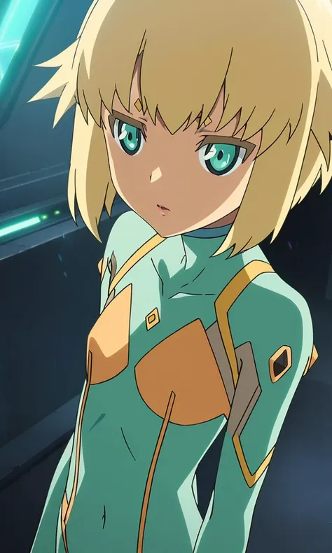 anime artwork juno, 1girl, solo,short hair, blonde hair, lips, green eyes, petite, flat chested,green plugsuit,masterpiece,best quality,8k highres,detailed . anime style, key visual, vibrant, studio anime, highly detailed