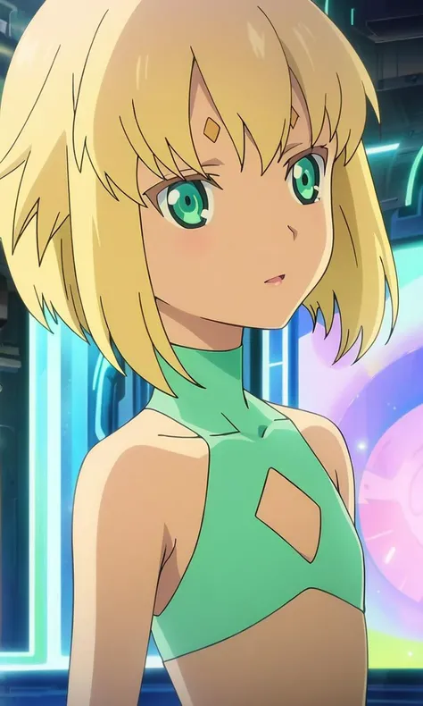 anime artwork juno, 1girl, solo,short hair, blonde hair, lips, green eyes, petite, flat chested,cyber,masterpiece,best quality,8k highres,detailed . anime style, key visual, vibrant, studio anime, highly detailed