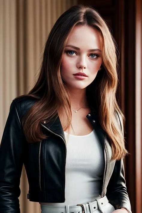 photo of beautiful (vparad1s-130:0.99), a woman in a (nature:1.1), perfect hair, wearing leather jacket, wearing (cocktail dress:1.1), modelshoot style, (extremely detailed CG unity 8k wallpaper), professional majestic (photography by joel meyerowitz:1.1), nikon, 24mm, exposure blend, hdr, faded, trending on ArtStation, trending on CGSociety, extremely intricate, High Detail, Sharp focus, dramatic, soft cinematic light, (looking at viewer), (detailed pupils), (trousers:1.1)