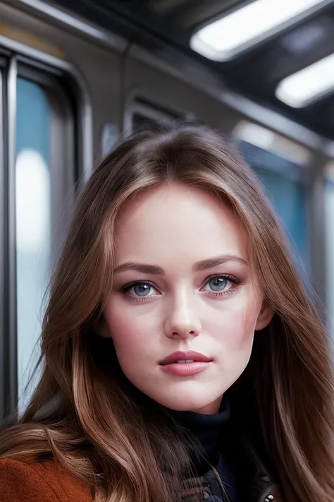 photo of beautiful (vparad1s-130:0.99), a woman in a (train interior:1.1), perfect hair, wearing (outerwear:1.1), modelshoot style, (extremely detailed CG unity 8k wallpaper), professional majestic (photography by ansel adams:1.1), nikon, trending on ArtStation, trending on CGSociety, Intricate, High Detail, Sharp focus, dramatic, photorealistic painting art, (looking at viewer), (detailed pupils)