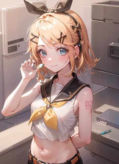 masterpiece, best quality, <lora:kagamine_rin-000018:1>, kagamine rin, 1girl, solo, ((hands behind back)), yellow hair, outdoors,hair ornament, smile, hairclip, blue eyes, looking at viewer, sailor collar, short hair, yellow neckerchief, neckerchief, bow, upper body, hair bow, shirt, bangs, sleeveless, yellow nails, black sailor collar, white shirt, sleeveless shirt, swept bangs, nail polish, treble clef, closed mouth, grey background, black bow, hand up, simple background