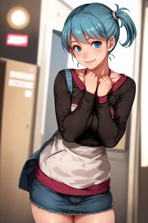 <lyco:style_sakuradou-20:1.0>, cowboy shot, solo, 1girl, smile, closed mouth, looking at viewer, aqua hair, side ponytail, blue eyes, sweater