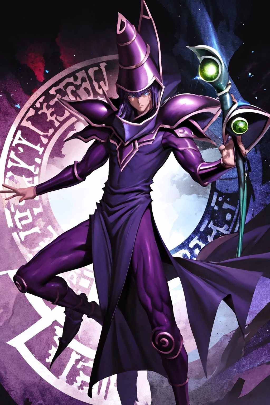 masterpiece, best quality, 1boy, male focus, magic, dark, darkness, magic circle, glowing, glow, looking at viewer, <lora:ygo_dark_magician:1> ygodm, armor, helmet, robe, purple hair, blue eyes, scepter