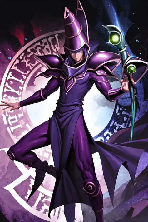 masterpiece, best quality, 1boy, male focus, magic, dark, darkness, magic circle, glowing, glow, looking at viewer, <lora:ygo_dark_magician:1> ygodm, armor, helmet, robe, purple hair, blue eyes, scepter