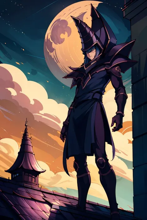 ((masterpiece,best quality)), absurdres,
<lora:ygo_dark_magician:1> ygodm, 1man, armor, robe, helmet, purple hair, blue eyes, standing, rooftop, skyscraper, from below, silhouette, against the light, night, bloodmoon, from a distance