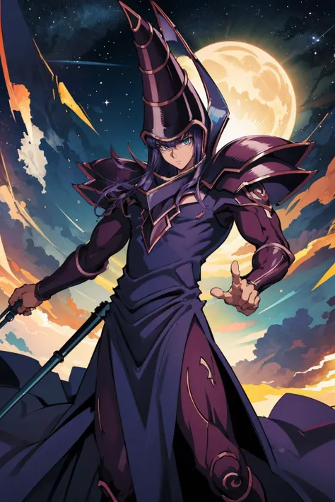 masterpiece, best quality, <lora:ygo_dark_magician:0.9> ygodm, armor, helmet, robe, purple hair, blue eyes, looking at viewer, furrowed brow, night sky, dynamic pose