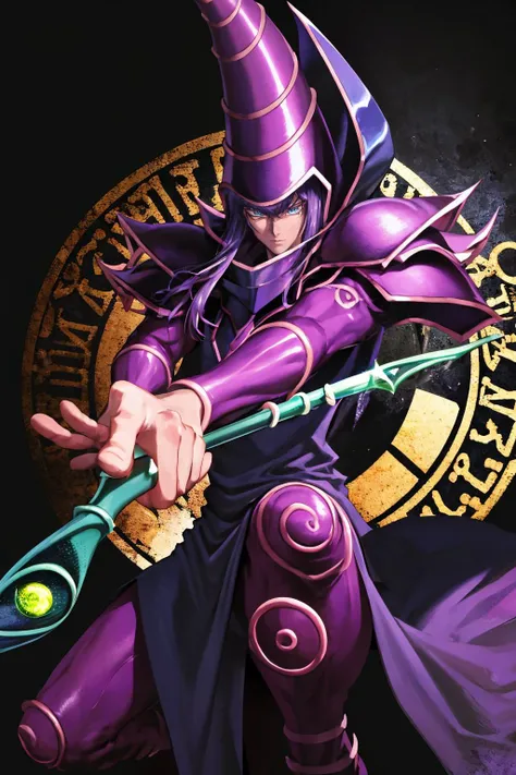 masterpiece, best quality, 1boy, male focus, magic, dark, darkness, magic circle, glowing, glow, looking at viewer, <lora:ygo_dark_magician:1> ygodm, armor, helmet, robe, purple hair, blue eyes, scepter, black background