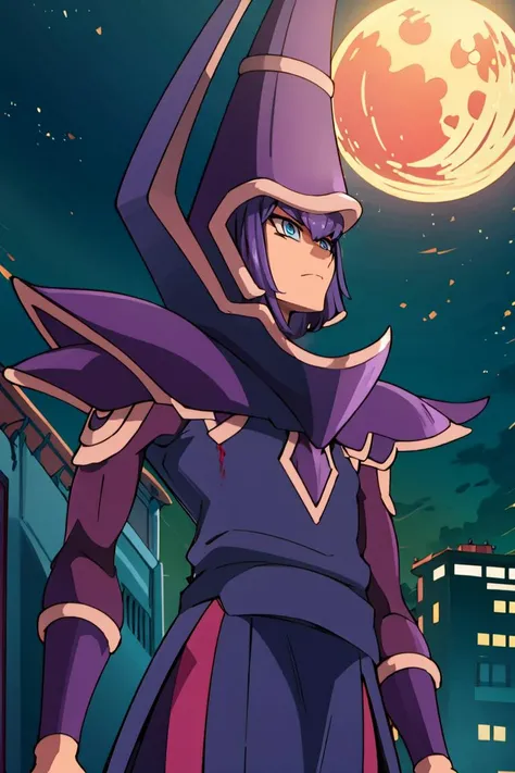 <lora:Alola_Style:0.65>, ((masterpiece,best quality)), absurdres, <lora:ygo_dark_magician:1> ygodm, 1man, armor, robe, helmet, purple hair, blue eyes, standing, rooftop, skyscraper, from below, silhouette, against the light, night, bloodmoon, from a distance