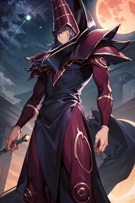 ((masterpiece,best quality)), absurdres, <lora:ygo_dark_magician:1> ygodm, 1man, armor, robe, helmet, purple hair, blue eyes, standing, rooftop, skyscraper, from below, silhouette, against the light, night, bloodmoon, from a distance