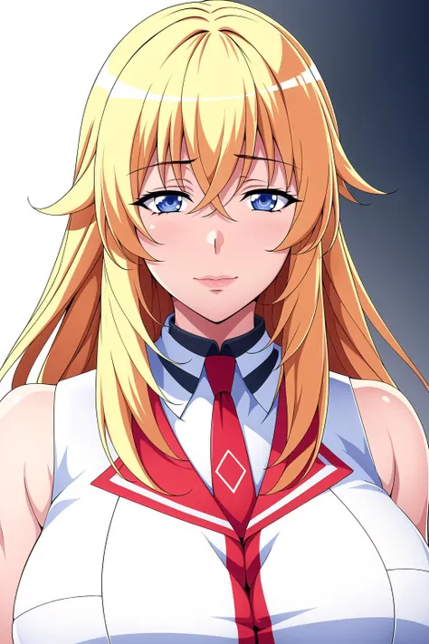 Simple White Background,
red and white uniform,bare_shoulders,necktie,sleeveless_shirt,
<lora:Yurishia_Farandole_HxH-KK77-V1:0.7>,
blonde_hair,blue_eyes,hair_between_eyes,long_hair,bangs,
<lora:Oda_Non_Style-KK77-V2:0.3>,<lora:more_details:0.1>,
1 girl, 20yo,Young female,Beautiful Finger,Beautiful long legs,Beautiful body,Beautiful Nose,Beautiful character design, perfect eyes, perfect face,expressive eyes,perfect balance,
looking at viewer,(Focus on her face),closed mouth, (innocent_big_eyes:1.0),(Light_Smile:0.3),
official art,extremely detailed CG unity 8k wallpaper, perfect lighting,Colorful, Bright_Front_face_Lighting,White skin,
(masterpiece:1.0),(best_quality:1.0), ultra high res,4K,ultra-detailed,
photography, 8K, HDR, highres, absurdres:1.2, Kodak portra 400, film grain, blurry background, bokeh:1.2, lens flare, (vibrant_color:1.2),professional photograph,
(Beautiful,large_Breasts:1.4), (beautiful_face:1.5),(narrow_waist),