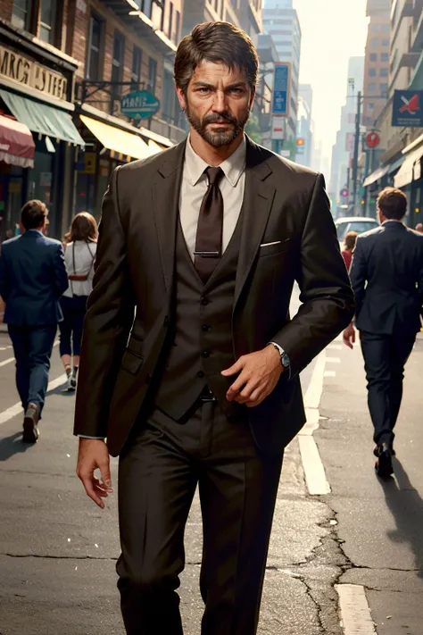 ((masterpiece, best quality))
<lora:TLOUJoel:0.8>
TLOUJoel, 1boy, solo, brown hair, brown eyes, beard, in a busy urban street, wearing a tailored three-piece suit, confidently striding forward amidst the city's hustle and bustle