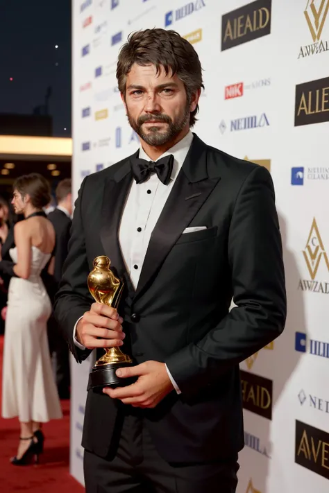 ((masterpiece, best quality))
<lora:TLOUJoel:0.8>
TLOUJoel, 1boy, solo, brown hair, brown eyes, beard, On the red carpet at a glamorous awards ceremony, wearing a bespoke black tie ensemble