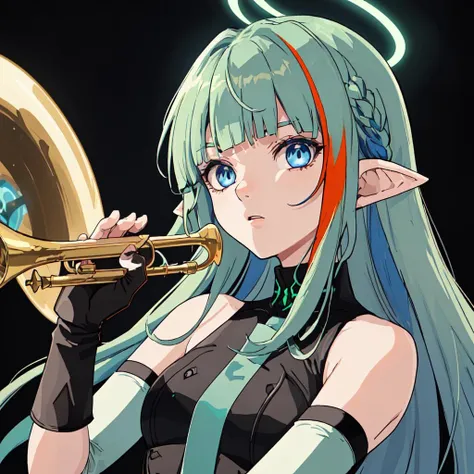 <lora:Amesç±æ¢
æ¯(Ames, blue eyes, multicolored hair,halo, green hair, pointy ears, elbow gloves, ):0.5>ames, blue eyes, halo, multicolored hair, green hair, pointy ears, elbow gloves, blunt bangs,trumpet