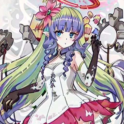 <lora:Amesç±æ¢æ¯(Ames, blue eyes, multicolored hair,halo, green hair, pointy ears, elbow gloves, ):1>ames, blue eyes, halo, multicolored hair, green hair, pointy ears,  elbow gloves, blunt bangs,weddingdress