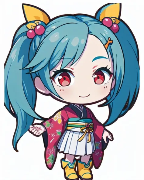 1girl, full body, standing, 
 <lora:Sasami:0.8>,  pretty sammy, red eyes, long hair, aqua hair, twintails, hair ornament, hair bobbles,white skirt, smile,
 kimono, pleated skirt, yellow boots, 
 <lora:style_projectsekaistamp-06:1>, chibi, white background, simple background,