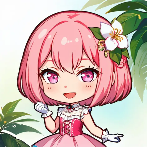 (masterpiece, best quality:1.2), chibi, solo, 1girl, :d, short hair, pink hair, hair flower, pink dress, frills, white gloves <lora:style_projectsekaistamp:1>