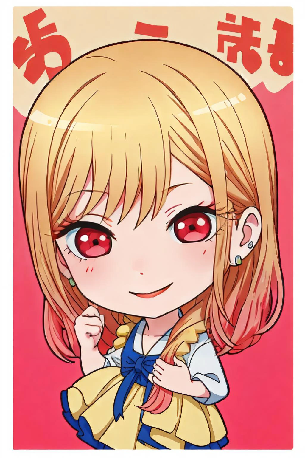 ((Masterpiece, best quality,chibi))smiling,excited,
Marin Kitagawa,blonde gradient hair,red eyes
<lora:style_projectsekaistamp:1> <lora:MarinKitagawa:0.8>