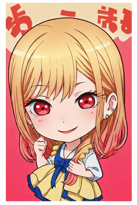 ((Masterpiece, best quality,chibi))smiling,excited,
Marin Kitagawa,blonde gradient hair,red eyes
 <lora:style_projectsekaistamp:1> <lora:MarinKitagawa:0.8>