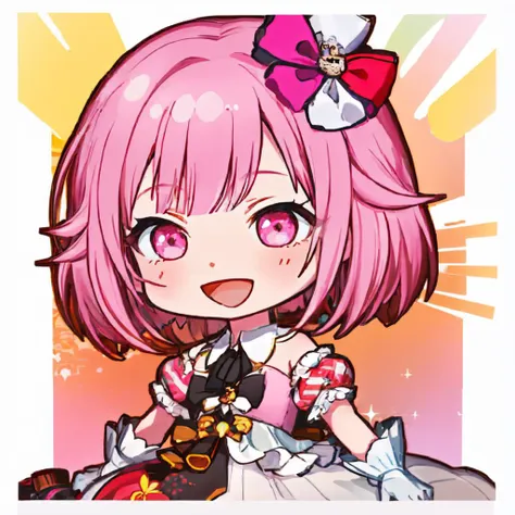 (masterpiece, best quality:1.2), chibi, solo, 1girl, emudef, :d, hair bow, hair ribbon, bare shoulders, puffy short sleeves, detached collar, white gloves, pink dress, frills <lora:style_projectsekaistamp-06:1> <lora:spotoriEmu-08:1>