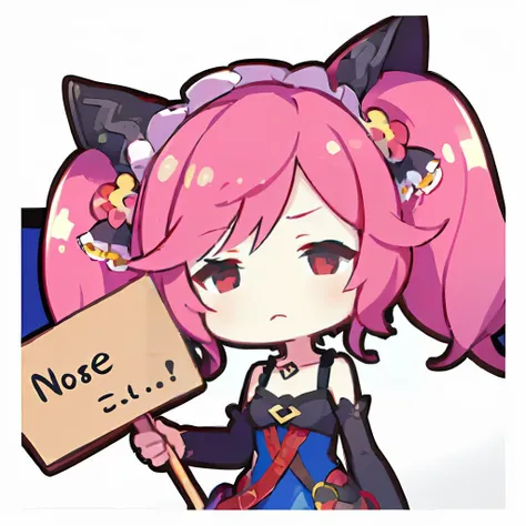 best quality, masterpiece, <lora:add_detail:-1>, <lora:style_projectsekaistamp:1.0> chibi, <lora:dragalialost_cleo:0.9> dlcleo, twintails, (closed mouth:1.2), sleepy, expressionless, :| hair ornament, dress, detached sleeves, bare shoulders, upper body, holding (wooden sign:1.2) with text "NOPE", simple background, <lora:tareturi_v1.0:-3>