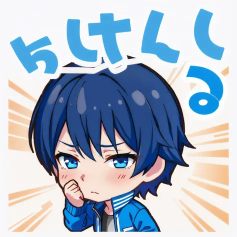 (masterpiece, best quality:1.2), polka dot background, chibi, solo, male focus, 1boy, sad, (>_<:1.2), short hair, blue hair, blue jacket, long sleeves <lora:style_projectsekaistamp:1>