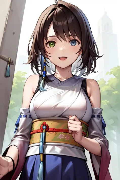 masterpiece, best quality, absurdres, perfect anatomy, 1girl, solo, YunaFFX, heterochromia, short hair, YunaOutfit, hair ornament, detached sleeves, hakama, sash, upper body, smile, :d