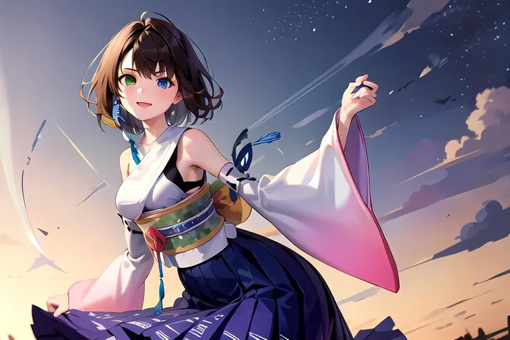 masterpiece, best quality, absurdres, perfect anatomy, 1girl, solo, YunaFFX, heterochromia, short hair, YunaOutfit, hair ornament, detached sleeves, hakama, sash, hakama skirt, long skirt, cowboy shot, smile, <lora:Yuna-000007:1>, dancing