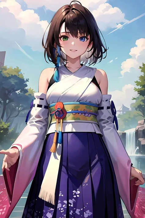 masterpiece, best quality, absurdres, perfect anatomy, 1girl, solo, YunaFFX, heterochromia, short hair, YunaOutfit, hair ornament, detached sleeves, hakama, sash, hakama skirt, long skirt, cowboy shot, smile, <lora:Yuna-000007:1>
