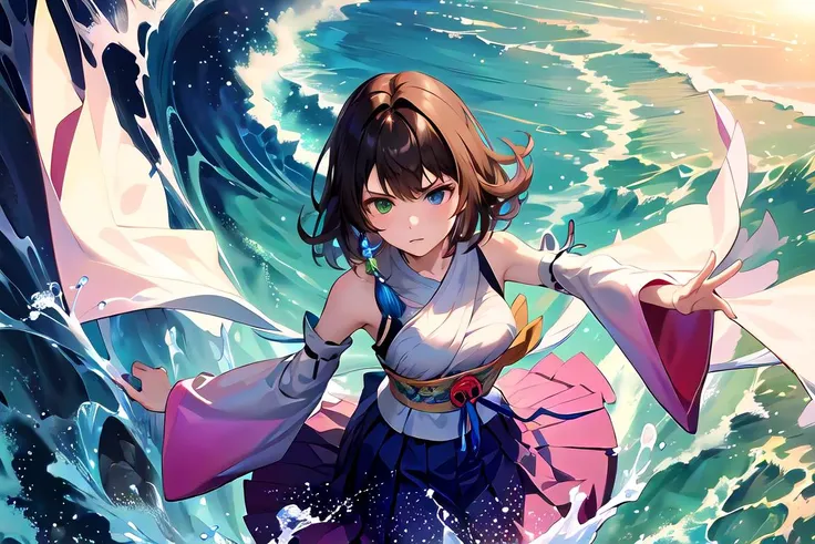 masterpiece, best quality, absurdres, perfect anatomy, 1girl, solo, YunaFFX, heterochromia, short hair, YunaOutfit, hair ornament, detached sleeves, hakama, sash, hakama skirt, long skirt, cowboy shot, dancing, wave, water, dragon, village, dusk <lora:yunaFFX:1>, serious face, dynamic pose, from above