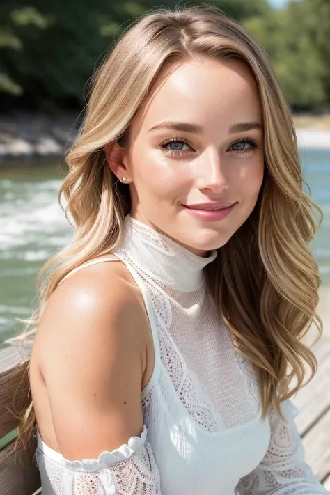(((Head Portrait))) of Estelle Berglin ((Wearing a turtleneck and distressed jeans)), ((Professional Photo Shoot)), ((out in the country next to a river)), ((sitting on a bench next to a river)), ((Smiling)), ((Real skin with pores)), model shoot style, extremely intricate, High Detail, Sharp focus, dramatic, soft cinematic light, (looking at viewer), (Real Eyes), (Detailed Eye Corneas) (detailed pupils), smiling, 24mm, photo lab, elegant, insane details, hyperdetailed, low contrast, epiCRealism, (((Safe For Work)))