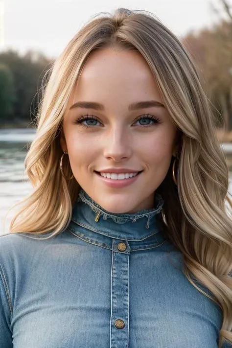 (((Head Portrait))) of Estelle Berglin ((Wearing a turtleneck and distressed jeans)), ((Professional Photo Shoot)), ((out in the country next to a river)), ((sitting on a bench next to a river)), ((Smiling)), ((Real skin with pores)), model shoot style, extremely intricate, High Detail, Sharp focus, dramatic, soft cinematic light, (looking at viewer), (Real Eyes), (Detailed Eye Corneas) (detailed pupils), smiling, 24mm, photo lab, elegant, insane details, hyperdetailed, low contrast, epiCRealism, (((Safe For Work)))