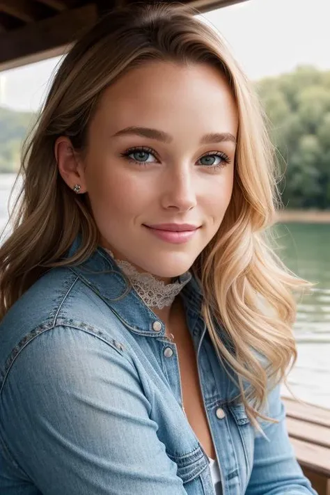 (((Head Portrait))) of Estelle Berglin-5000 ((Wearing a turtleneck and distressed jeans)), ((Professional Photo Shoot)), ((out in the country next to a river)), ((sitting on a bench next to a river)), ((Smiling)), ((Real skin with pores)), model shoot style, extremely intricate, High Detail, Sharp focus, dramatic, soft cinematic light, (looking at viewer), (Real Eyes), (Detailed Eye Corneas) (detailed pupils), smiling, 24mm, photo lab, elegant, insane details, hyperdetailed, low contrast, epiCRealism, (((Safe For Work)))