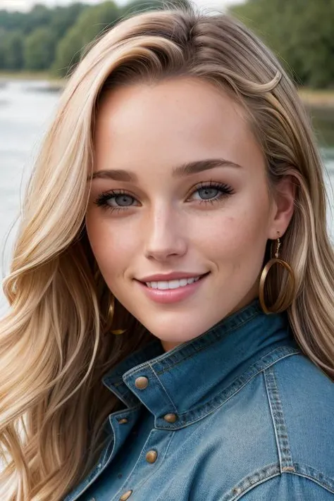 (((Head Portrait))) of Estelle Berglin ((Wearing a turtleneck and distressed jeans)), ((Professional Photo Shoot)), ((out in the country next to a river)), ((sitting on a bench next to a river)), ((Smiling)), ((Real skin with pores)), model shoot style, extremely intricate, High Detail, Sharp focus, dramatic, soft cinematic light, (looking at viewer), (Real Eyes), (Detailed Eye Corneas) (detailed pupils), smiling, 24mm, photo lab, elegant, insane details, hyperdetailed, low contrast, epiCRealism, (((Safe For Work)))