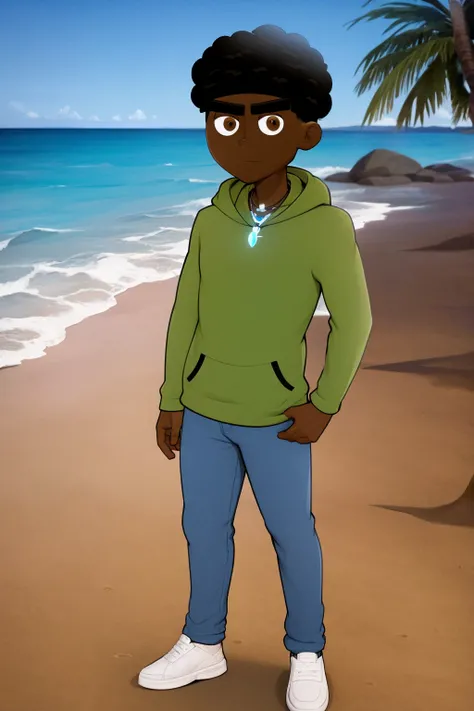 masterpiece, best quality, 1boy, kaiden, black hair, afro, brown eyes, dark skin, necklace, blue hoodie, solo, standing, contrapposto, sand, sea, tropical island background <lora:Kaiden:1>